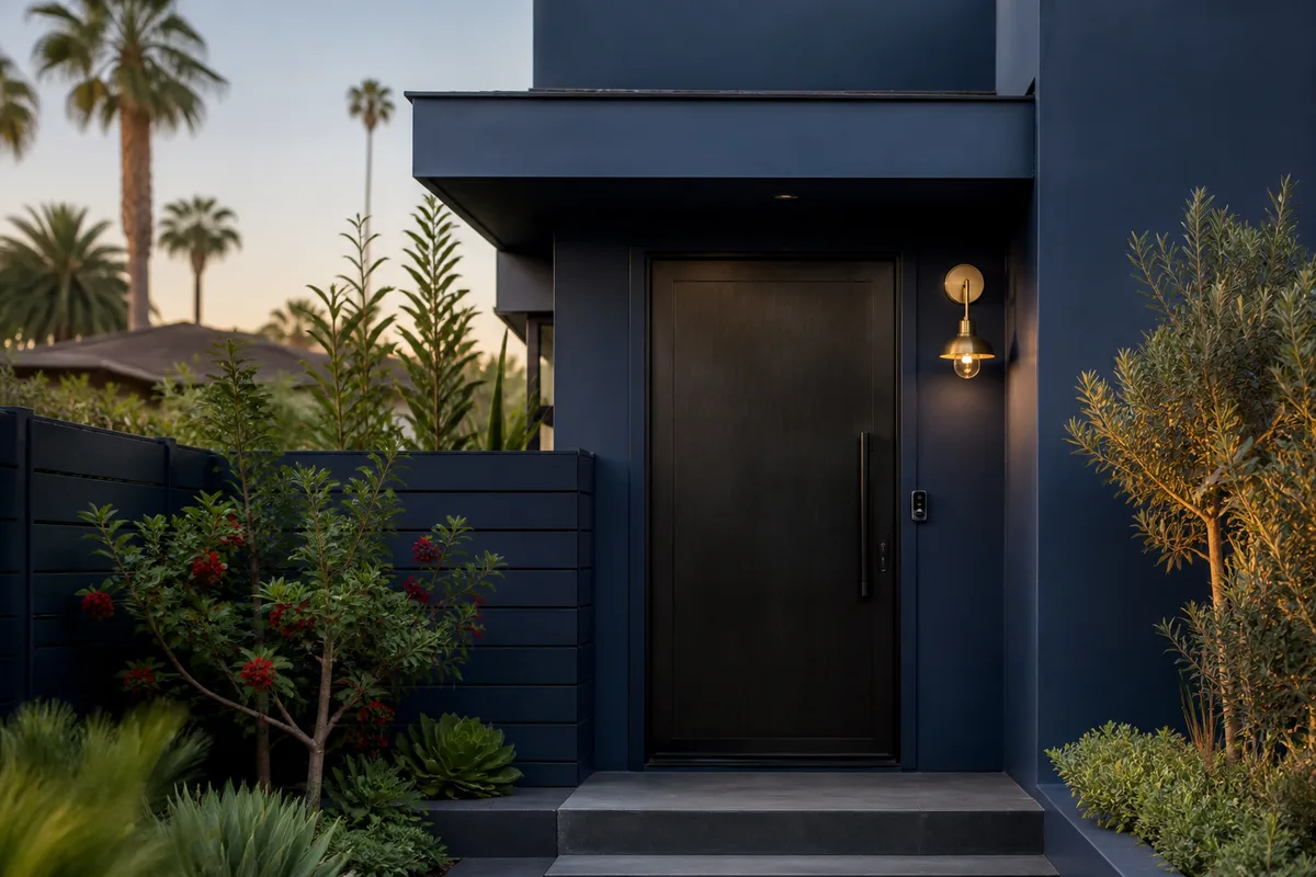 Modern Hollywood townhouse entry with black electronic door fixture